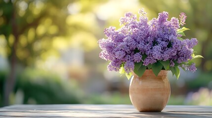 Front view of lilac flowers bouquet in ceramic vase on wooden garden table against blurred outdoor terrace in sunny day : Generative AI