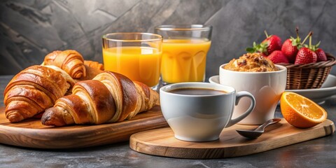 Delicious breakfast with coffee, juice, and fresh croissants , breakfast, coffee, juice, croissant, morning, food