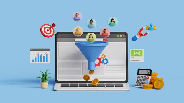 Lead generation concept. Financial analysis, business marketing strategies. Audience outreach and conversion. 3D laptop with lead generation icons. 4K 3D animation. Trim first 3 sec for loop