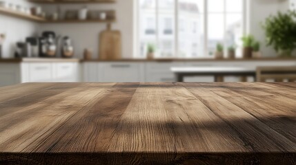 A wooden kitchen countertop with a blurred background, ideal for food preparation or display.