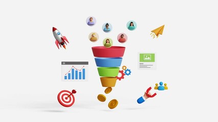 Lead generation, CRO, conversion rate optimization. Convert audience into sales. Inbound marketing strategy. 3D marketing funnel attracting audience. 4K 3D animation. Trim first 3 sec for loop