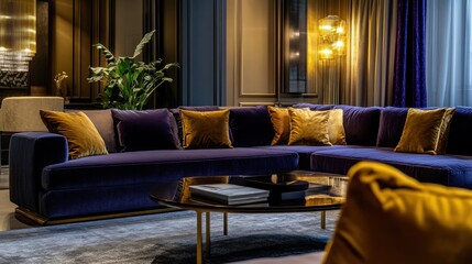 A luxurious living room featuring a plush purple sofa and elegant decor.