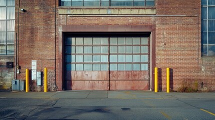 A large, weathered garage door in a brick building, suggesting an industrial setting.