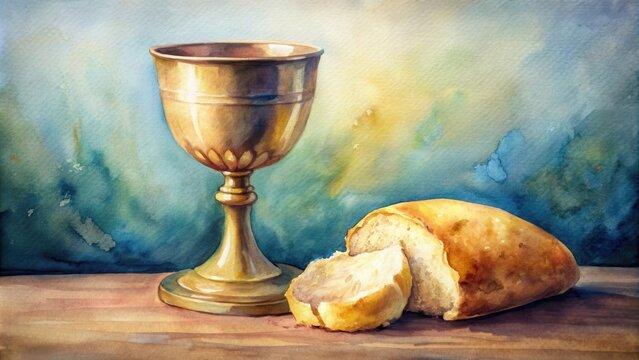 Symbolic watercolor painting of the Eucharist on Maundy Thursday, Christian, communion, sacrament, bread, wine