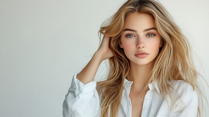Fototapeta premium Beautiful girl model with light makeup in white shirt and jeans on light background in studio Beauty and Fashion Trendy Clothing Beauty in fashionable clothes : Generative AI