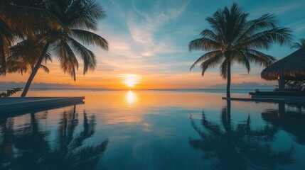 Serene sunset over a tranquil pool with palm trees and a beachside hut.