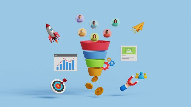 Convert customers into sales. Lead generation. Marketing conversion rate, adverting, campaign, audience outreach. 3D marketing funnel attracting audience. 4K 3D animation. Trim first 3 sec for loop