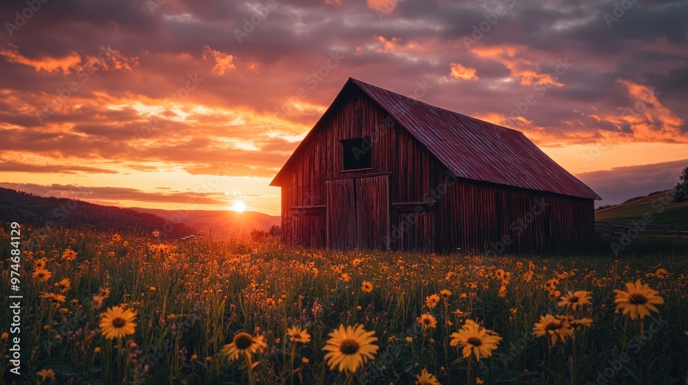 Canvas Prints A rustic barn at sunset surrounded by wildflowers under a dramatic sky.