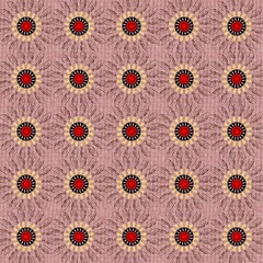 The image features a repeating pattern of star-like shapes arranged in a grid. Each star has a central dark circle surrounded by pointed rays, alternating in colors such as purple and blue. The backgr