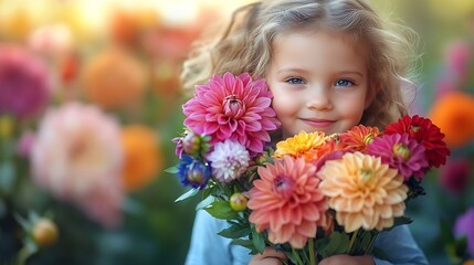 Fototapeta premium Close up of little preschool girl with dahlia flower bouquet Closeup of happy child holding colorful garden summer flowers for mothers day or birthday Closeup of flowers in rainbow col : Generative AI