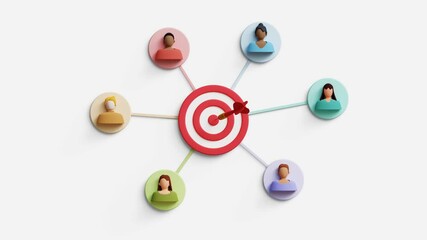 Customer attraction campaign. Business recruitment or business lead. Marketing strategy, focus on customer, CRM, Customer relationship management. 3D target attracting audience. 4K 3D loop animation