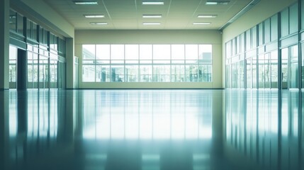 Obraz premium A spacious, well-lit interior with large windows and a polished floor.