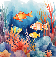 Fototapeta premium Watercolor style. Under the sea background. Marine Life Landscape. Ocean underwater world. Silhouette ocean bottom. Marine underwater life. Sea, seascape, seafloor, undersea background. Vector
