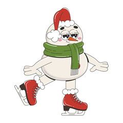 Christmas snowman in retro groovy style. Cute cartoon ice-skating character. Isolated vector illustration.