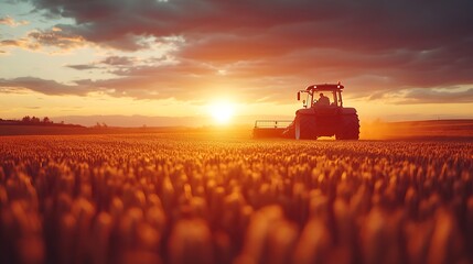 Fototapeta premium Farmer in tractor working on field at sunset : Generative AI