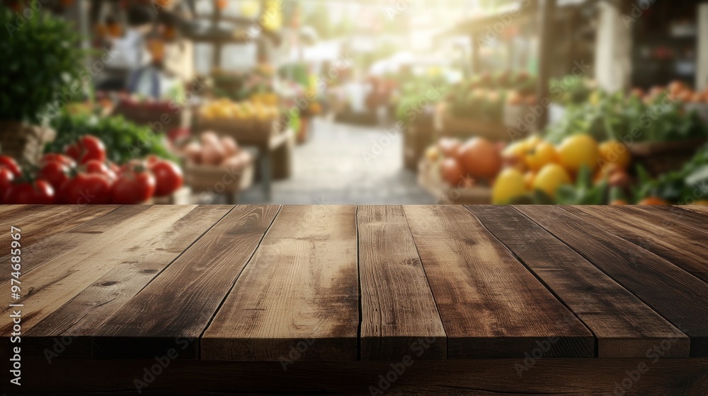 Poster A wooden table in a vibrant market filled with fresh produce and colorful fruits.