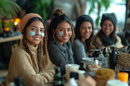 Diverse Latin American Women Enjoying a Relaxed At-Home Beauty Day with Laughter and Self-Care Rituals
