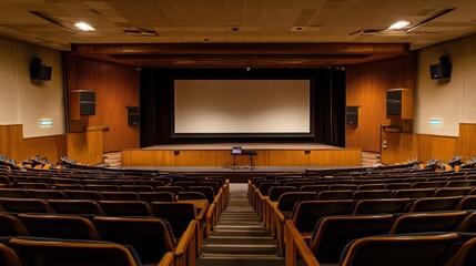 A spacious, empty theater with a large screen and wooden accents, ready for presentations.