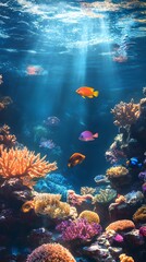 Naklejka premium Beautiful, colorful coral reef fish swimming in the ocean, with vibrant colors and stunning corals on both sides of an aquarium tank