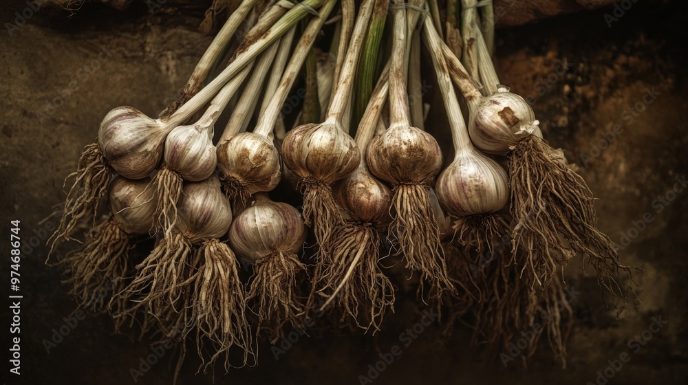 Poster a high-resolution image of garlic bulbs hanging in a bunch, with their roots and stems still attache