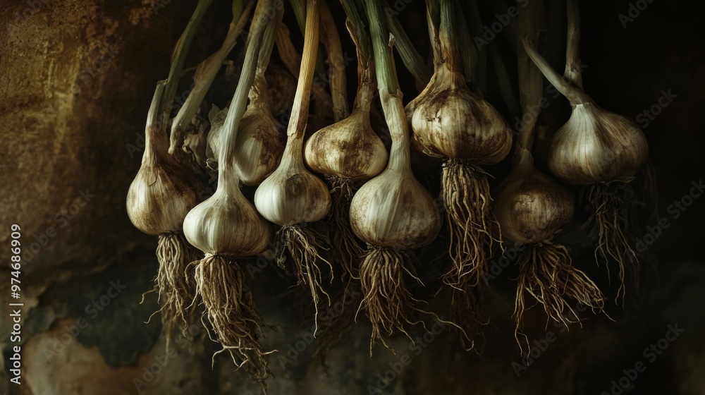 Poster a high-resolution image of garlic bulbs hanging in a bunch, with their roots and stems still attache