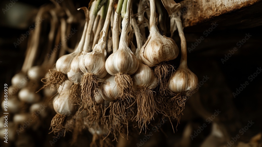 Poster a high-resolution image of garlic bulbs hanging in a bunch, with their roots and stems still attache