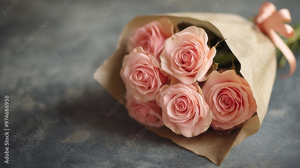 Poster a bouquet of small pink roses in a craft paper package tied with a ribbon with a bow isolated : gene