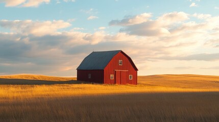 A serene red barn stands in a golden field under a sunset sky, evoking rural tranquility.