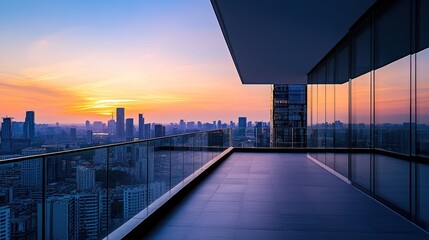Obraz premium A modern balcony with a stunning sunset view over a city skyline.