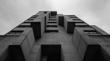 A low-angle view of a modern concrete building with angular features against a cloudy sky.