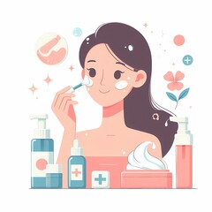 A young girl doin skin care mackup vector illustration isolated on a white background
