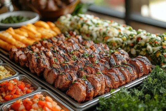 lavish catering buffet with gourmet grilled meats and elegant table setting opulent indoor restaurant scene with diverse culinary delights for a festive celebration