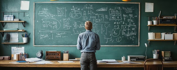 A person stands in front of a blackboard filled with mathematical equations and diagrams, embodying the spirit of education and learning.