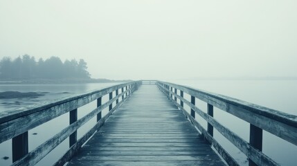 Naklejka premium A serene wooden pier extends into a foggy lake, creating a tranquil atmosphere.