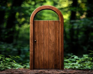 A rustic wooden door stands in a tranquil forest, inviting curiosity and exploration amidst lush greenery.