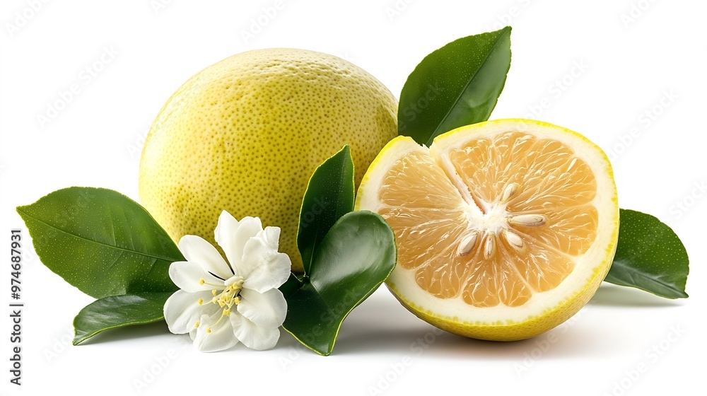 Poster isolated pomelo citrus fruit one whole pomelo and a peeled segment with leaves and flowers isolated 