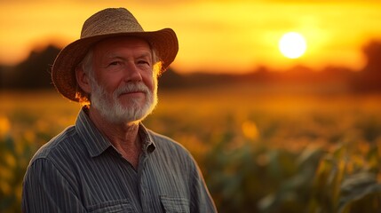 Portrait of senior farmer standing in corn field looking at camera at sunset : Generative AI