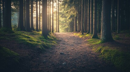 Fototapeta premium A serene forest path illuminated by soft sunlight, inviting exploration and tranquility.