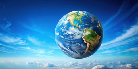 Earth hovering in the bright blue sky , Earth, sky, planet, nature, universe, atmosphere, space, celestial, concept, abstract