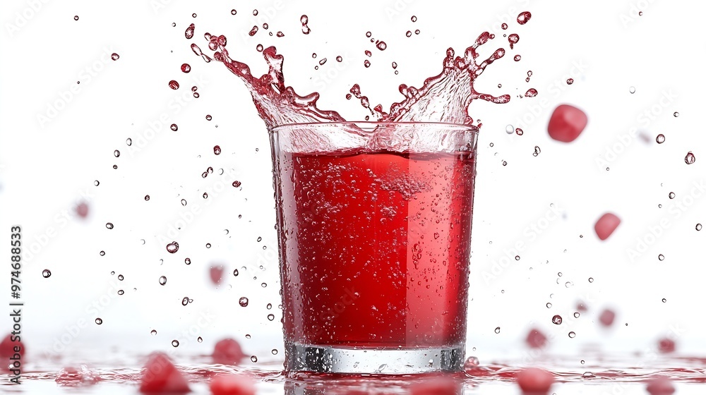 Poster glass of red juice splash isolated on white background : generative ai