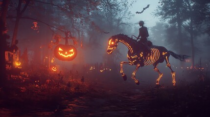 A haunting scene featuring a skeleton horse and a rider in a foggy forest adorned with glowing pumpkins, embracing Halloween spirit.