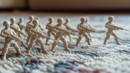 Fototapeta premium A collection of 3D toy soldiers in various action poses, lined up for battle on a carpet