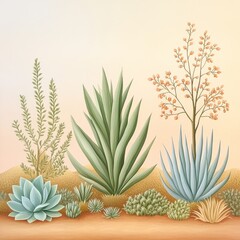 Fototapeta premium A serene illustration of various desert plants, showcasing the beauty and diversity of succulent life in warm, earthy tones.