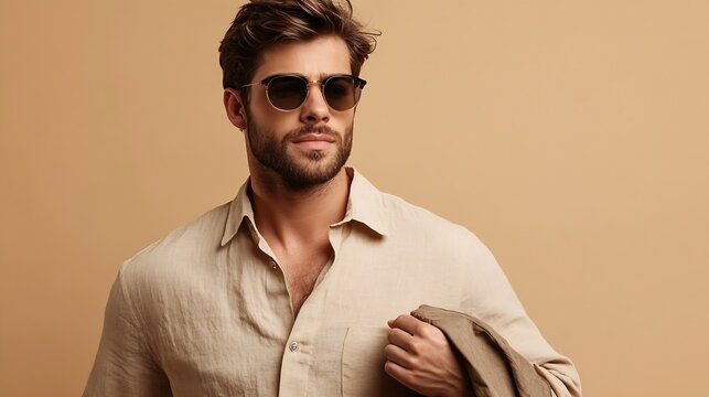 Fashion shot of man in beige shirt with sunglasses and holding jacket in hand on beige backdrop : Generative AI