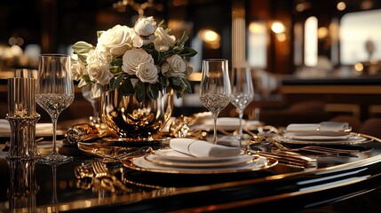 Elegant dining table setup featuring a floral centerpiece, delicate glassware, and fine china for a luxurious experience.