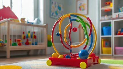 Naklejka premium A colorful 3D bead maze toy with loops and sliding beads, placed in a child playroom