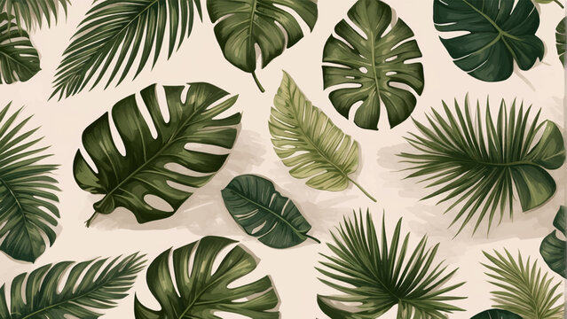 Floral seamless pattern, green, black and white split-leaf Philodendron plant with vines on white background, pastel vintage theme