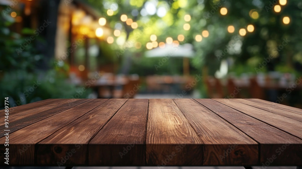 Sticker A wooden table in a cozy outdoor setting with soft lighting and greenery in the background.