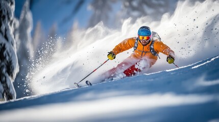 A skier carving through fresh snow in a mountainous landscape.