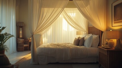 A serene bedroom with soft lighting, draped curtains, and a cozy atmosphere.
